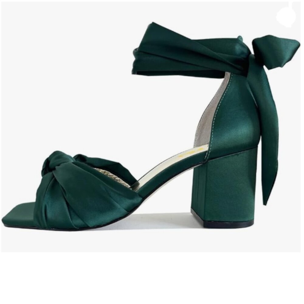Women’s Emerald Green Satin Block Heel Sandals with Ankle Tie